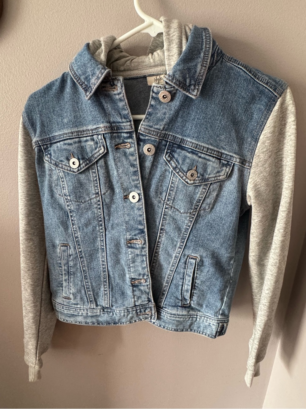 Style & Co Denim Jacket with Grey Hoodie Sleeves